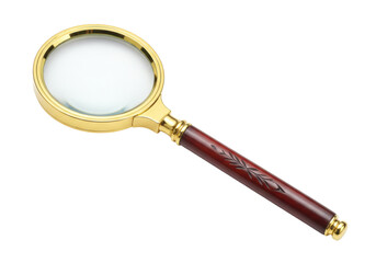 Isolated golden magnifying glass with a wooden handle for examining, reading, or study