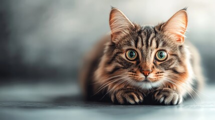 Naklejka premium Stunning Portrait of a Brown Tabby Norwegian Forest Cat with Beautiful Eyes, Focused and Attentive