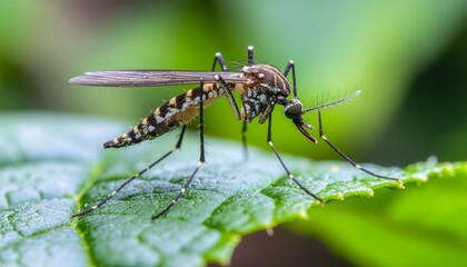 Macro shot of a striped mosquito insect resting on a vibrant green leaf in nature