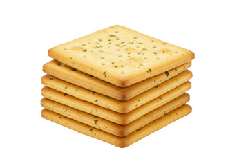 Isolated stack of crispbreads, flat crackers with seasonings and perforated surface, snack