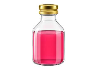 Isolated clear glass vial with pink liquid and golden cap for medication, treatment, care