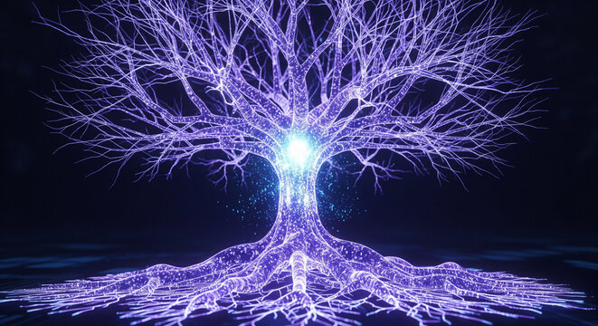 Glowing 3D data tree with branching neon roots and electric light lines. Abstract representation of neural growth, digital intelligence, and future innovation. Sci-fi glow, purple-blue gradient