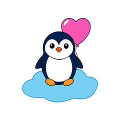 Cute penguin holding pink heart balloon sitting on cloud silhouette isolated on white background