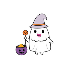 Cute cartoon ghost with witch hat holding candy bucket silhouette isolated on white background