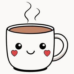 Cute kawaii coffee cup character with heart cheeks silhouette isolated on white background