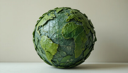 Green earth globe made of leaves symbolizing ecology and sustainability, eco environment and nature protection concept with clean background and natural texture for green design
