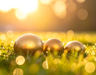 Golden spheres in a field bathed in sunlight, creating a magical atmosphere.