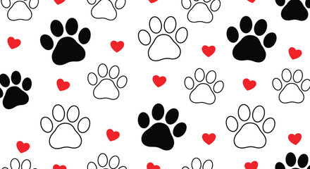 Fototapeta premium Seamless Pattern Paw Prints, Black Fill, Outline, and Red Hearts on White Surface