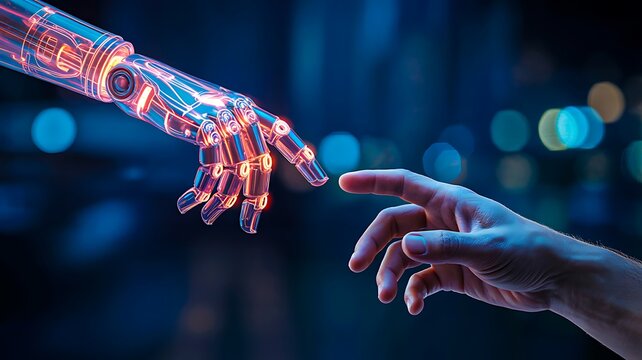 Human hand reaching out to digital robotic hand with glowing circuits, concept of connection between humans and artificial intelligence technology

