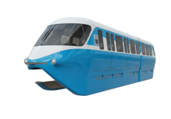Isolated blue and white monorail train floats above the ground for modern city transportation