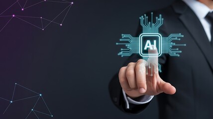 Businessman touching virtual AI chip icon, concept of artificial intelligence, data processing and digital technology