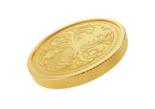 Isolated gold coin with intricate design, a valuable token for collectors or investors alike