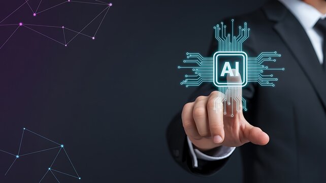 Businessman touching virtual AI chip icon, concept of artificial intelligence, data processing and digital technology 
 - Powered by Adobe