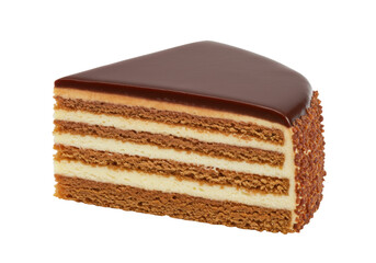 Isolated piece of cake, triangular slice of layered cream cake topped with chocolate ganache