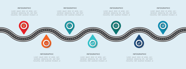 Business road map timeline infographic concept. with  7 steps or options modern diagram process technology digital marketing data presentation chart. Vector EPS 10