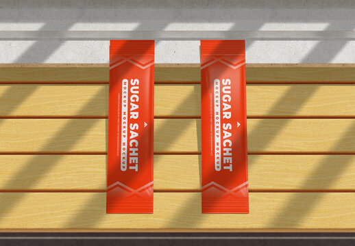 et of Vertical Sugar Sachet Packaging Mockups for Coffee or Tea Service