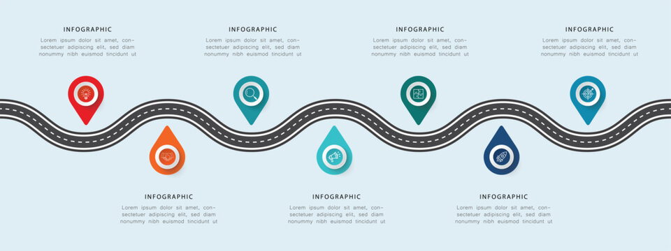 Business road map timeline infographic concept. with  7 steps or options modern diagram process technology digital marketing data presentation chart. Vector EPS 10