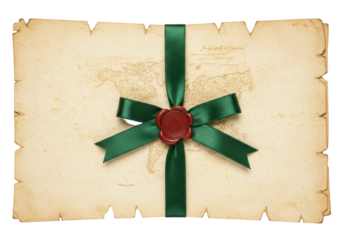 Isolated vintage map with green ribbon and wax seal, antique design for treasure hunt