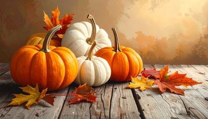 Autumn Harvest - Pumpkins and Maple Leaves on Rustic Wood.
