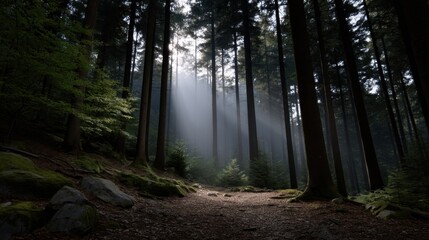Obraz premium Ethereal Light Streaming Through Forest Canopy in a Serene Natural Environment