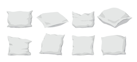 Cushions set in flat cartoon design. This wonderful set of white pillows in different sizes, shapes and snow colors will complement any sleep project. Vector illustration