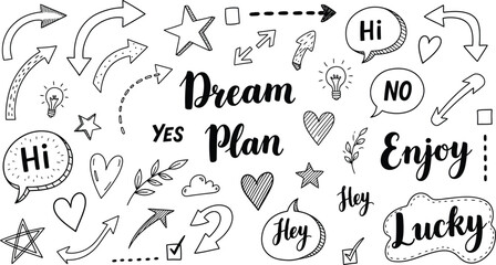 Obraz premium Sketchy Doodle Design with Arrows, Stars, Hearts, Speech Bubbles on White Background