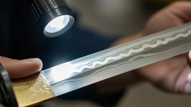 Close-up of a Japanese sword being inspected with a flashlight.