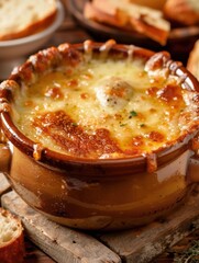 French onion soup with melted cheese served in a deep bowl, topped with a golden crust