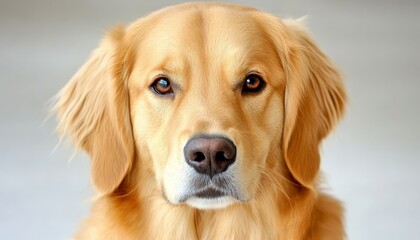 Obraz premium Majestic Golden Retriever with Captivating Eyes Posed Elegantly Against a Soft Gray Background.