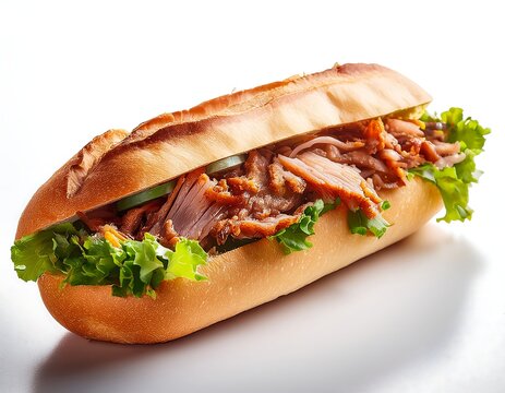 Pork num pang baguette sandwich from Cambodia against a white backdrop