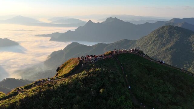 Phu Chi Fa, Thoeng District, Wiang Kaen District, Chiang Rai Province, a tourist attraction where you can see a 360-degree sea of ​​mist, Asia.