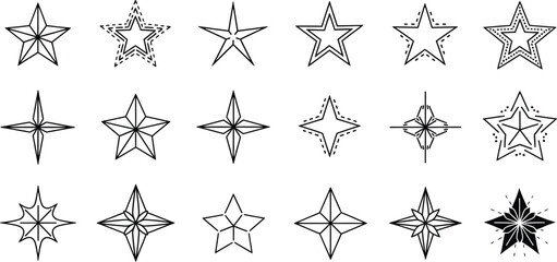 Fototapeta premium Star Shapes Collection, Outline Stars Variety, Starburst Designs,