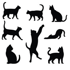 Set of cat silhouettes, cat movement, black and white
