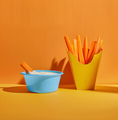 Frytki z dipem jogurtowym w kolorowej stylizacji – zdrowa przekąska na pomarańczowym tle