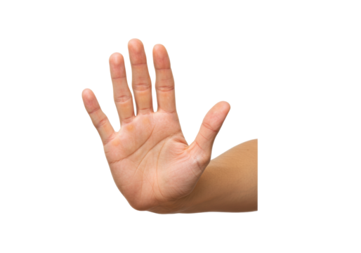 Isolated human hand gesturing five count, displaying palm, fingers spread, outstretched - Powered by Adobe