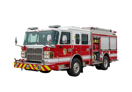 Isolated Red and White Fire Engine with Emergency Equipment for Rescue Missions and Safety