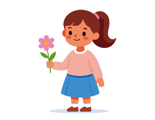 Simple vector illustration of a little girl holding a flower on white background