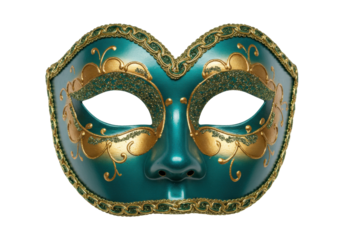 Isolated masquerade mask in turquoise and gold for a Venetian or Mardi Gras carnival party