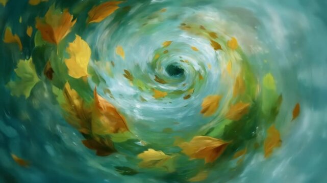 An artistic swirl of autumn leaves, a natural vortex in a gradient of blues and greens