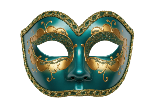 Isolated masquerade mask in turquoise and gold for a Venetian or Mardi Gras carnival party