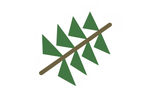 Minimalist branch with green leaves, simple natural plant illustration on transparent background