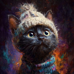 Fashion portrait of cat wearing knitting hat and scarf in snowy winter. Paintings