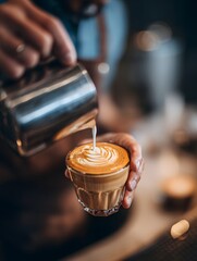 Barista pouring steamed milk into a glass of coffee to create latte art design on the foam.