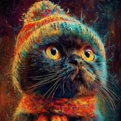 Fashion portrait of cat wearing knitting hat and scarf in snowy winter. Paintings