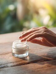 Hand reaches for moisturizing cream, promoting self-care and skincare routine in natural setting