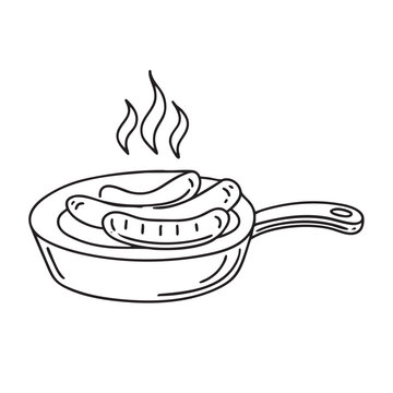 sausages cooking in pan, black and white clip art preview