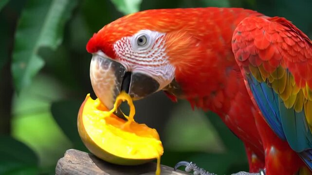 Vibrant parrot eating mango outdoors close up tropical bird wildlife