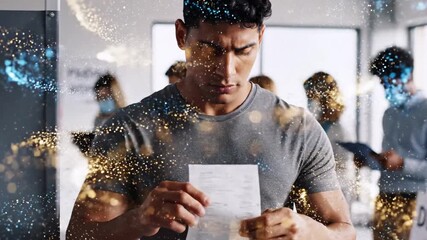 A man in a queue looks at a paper, surrounded by bokeh and other people - Powered by Adobe