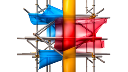 Scaffolding construction with blue and red fabric panels