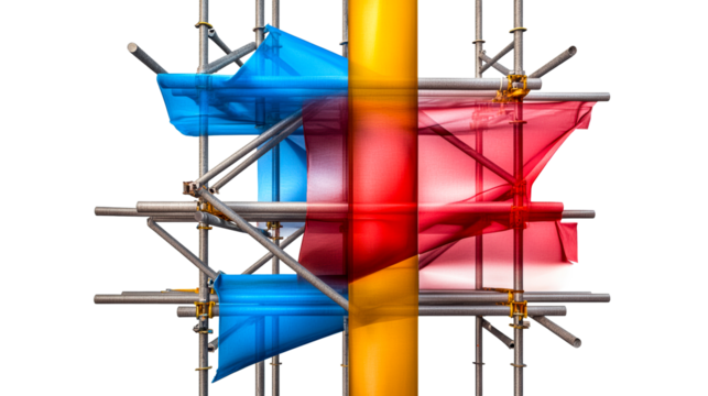 Scaffolding construction with blue and red fabric panels